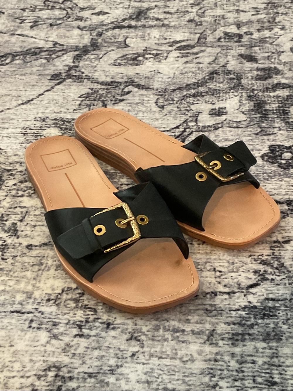 Dolce Vita Black Slide Sandals with Gold Buckle